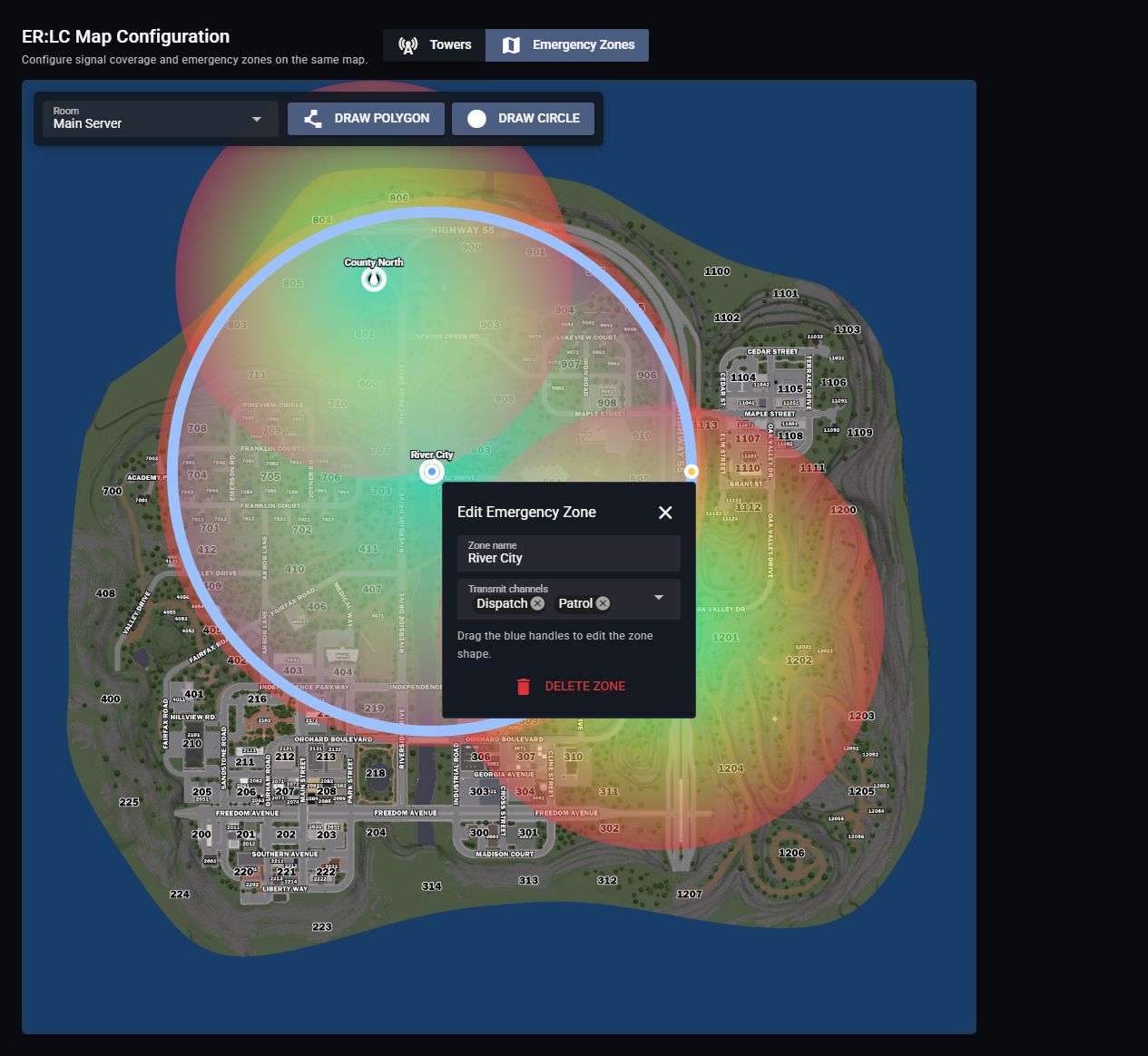 ERLC emergency zone editor with Dispatch and Patrol selected as transmit channels