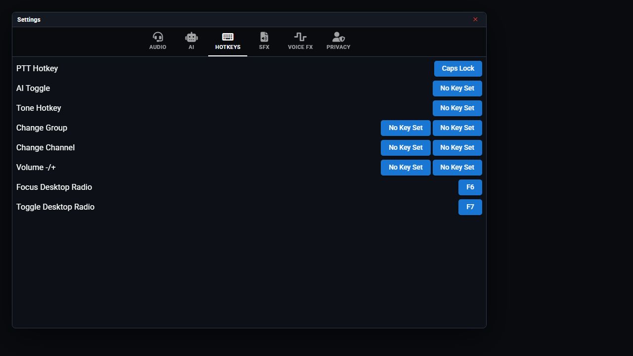Hotkeys settings showing PTT Hotkey, Focus Desktop Radio, and Toggle Desktop Radio