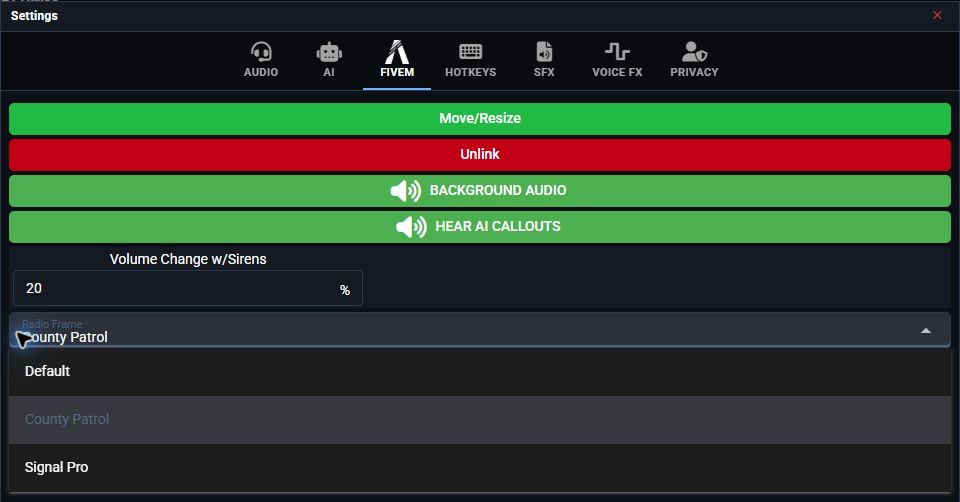 FiveM settings with the Radio Frame dropdown showing Default, County Patrol, and Signal Pro
