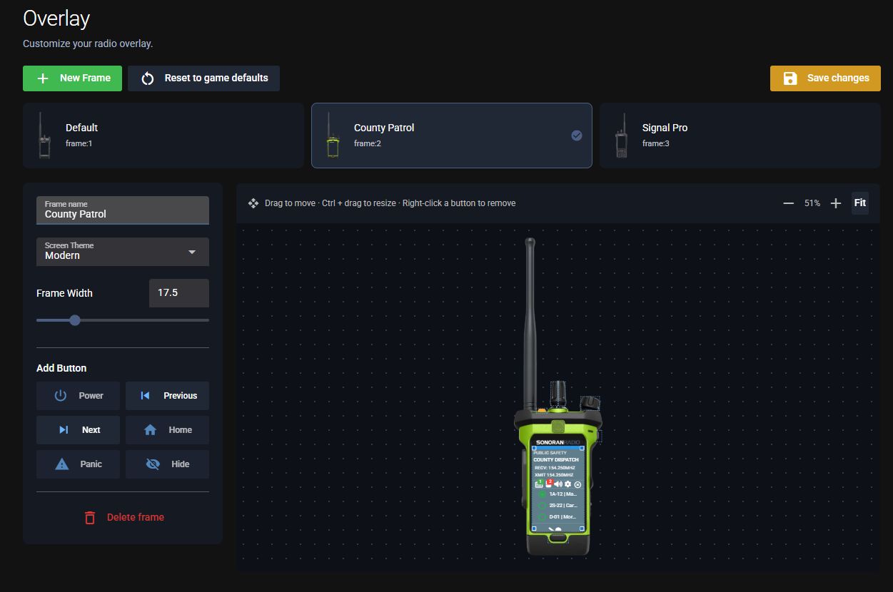 Shared Radio Overlay editor with a County Patrol frame