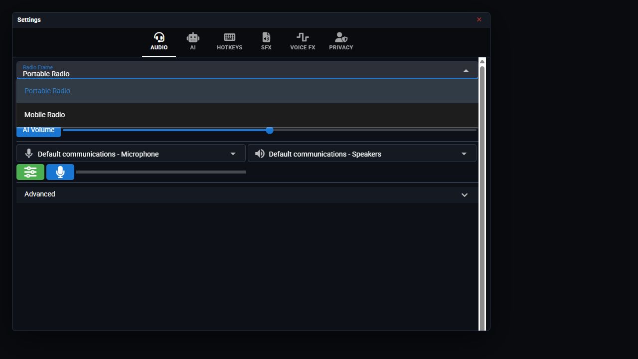 Audio settings with the Radio Frame dropdown open