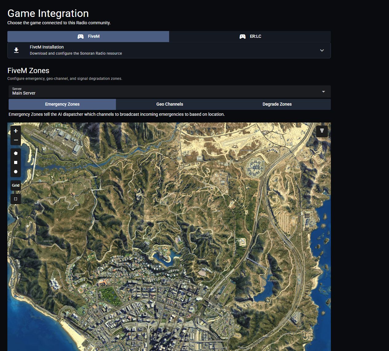 Game Integration with FiveM selected and Emergency Zones open